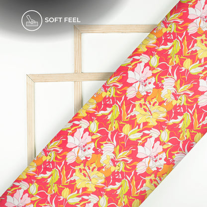 Hot Pink And Yellow Abstract Floral Digital Print Japan Satin Fabric