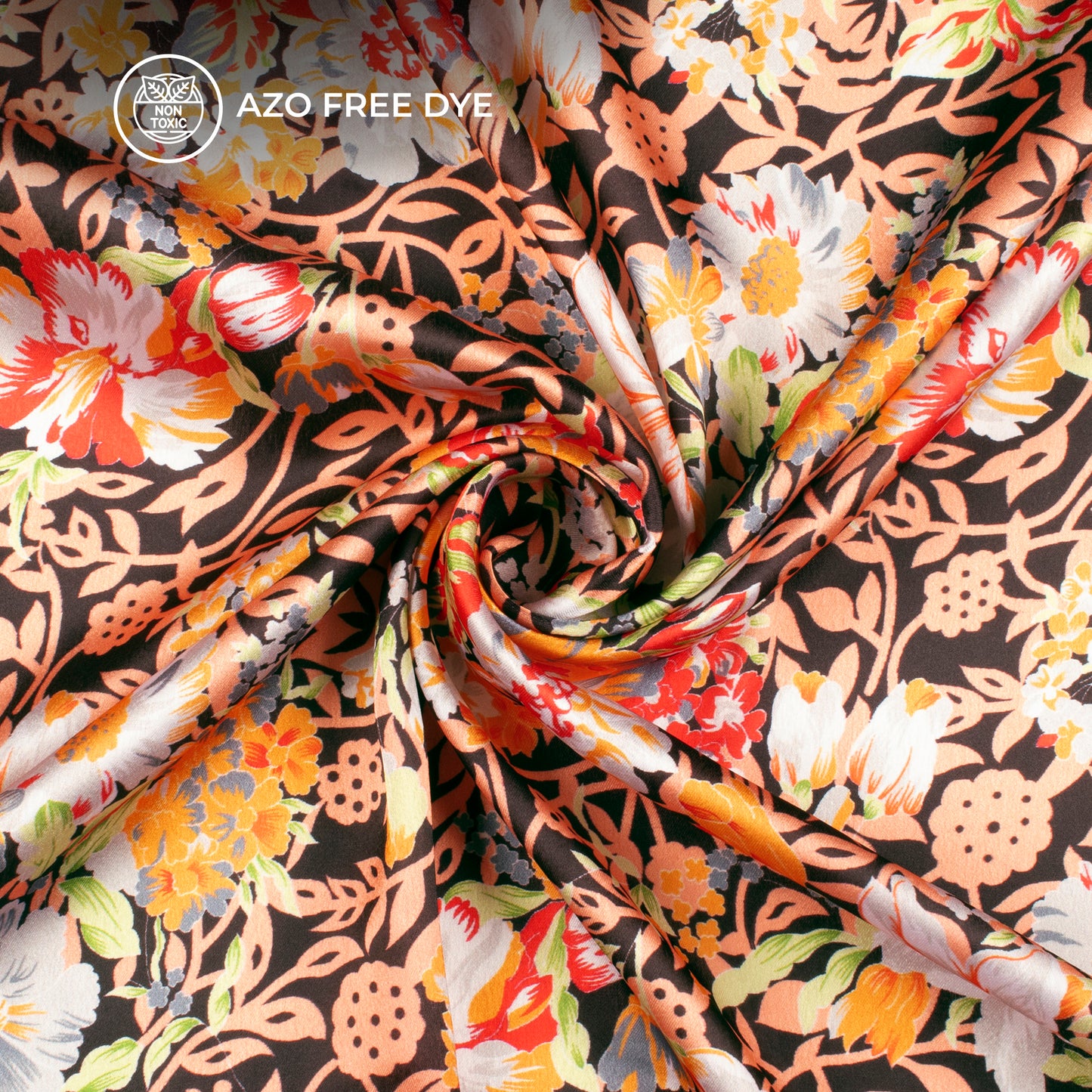 Black And Peach Floral Digital Print Japan Satin Fabric