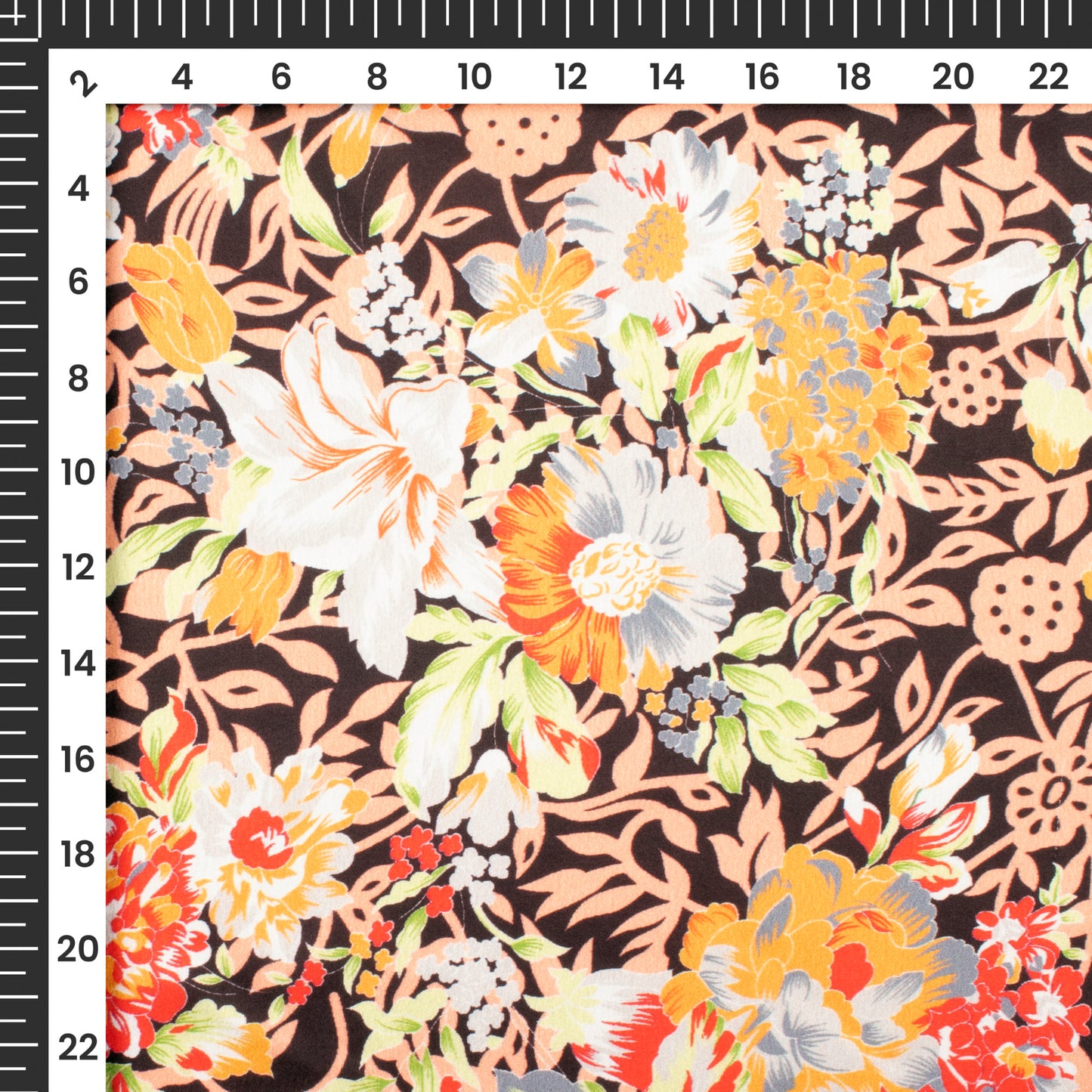 Black And Peach Floral Digital Print Japan Satin Fabric