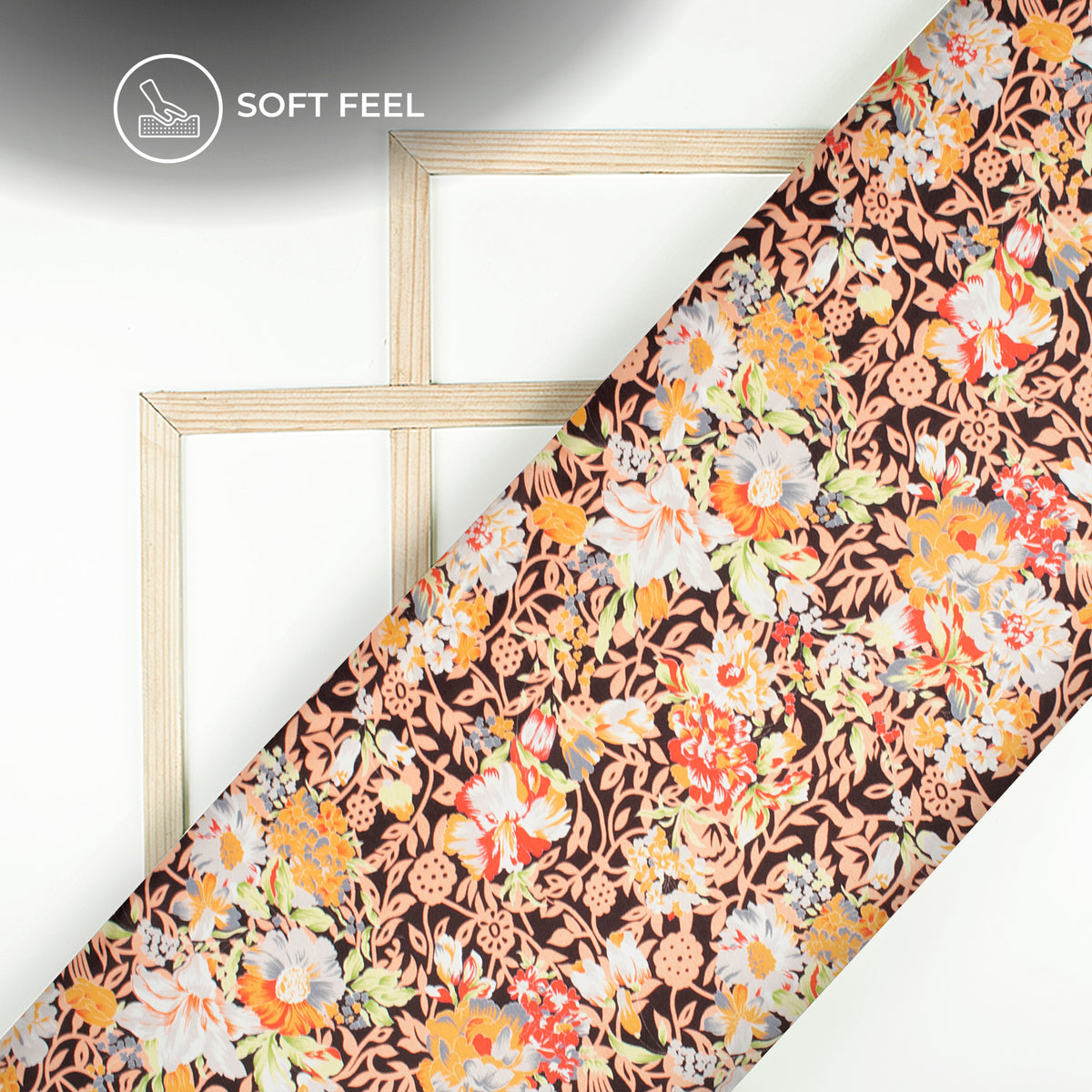 Black And Peach Floral Digital Print Japan Satin Fabric