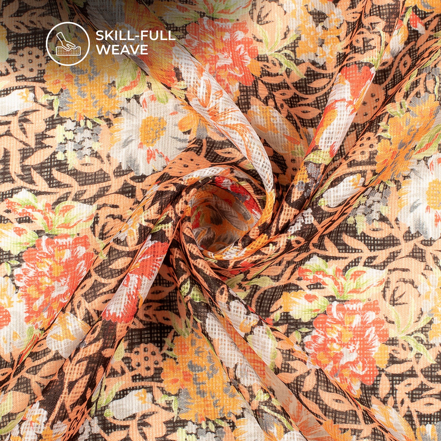 Black And Peach Floral Digital Print Kota Doria Fabric