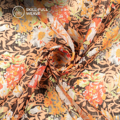 Black And Peach Floral Digital Print Kota Doria Fabric