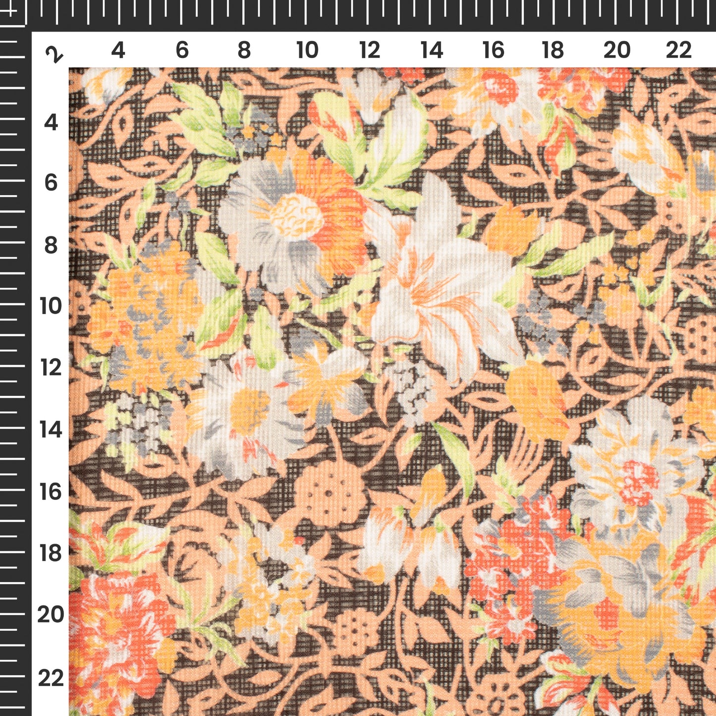 Black And Peach Floral Digital Print Kota Doria Fabric