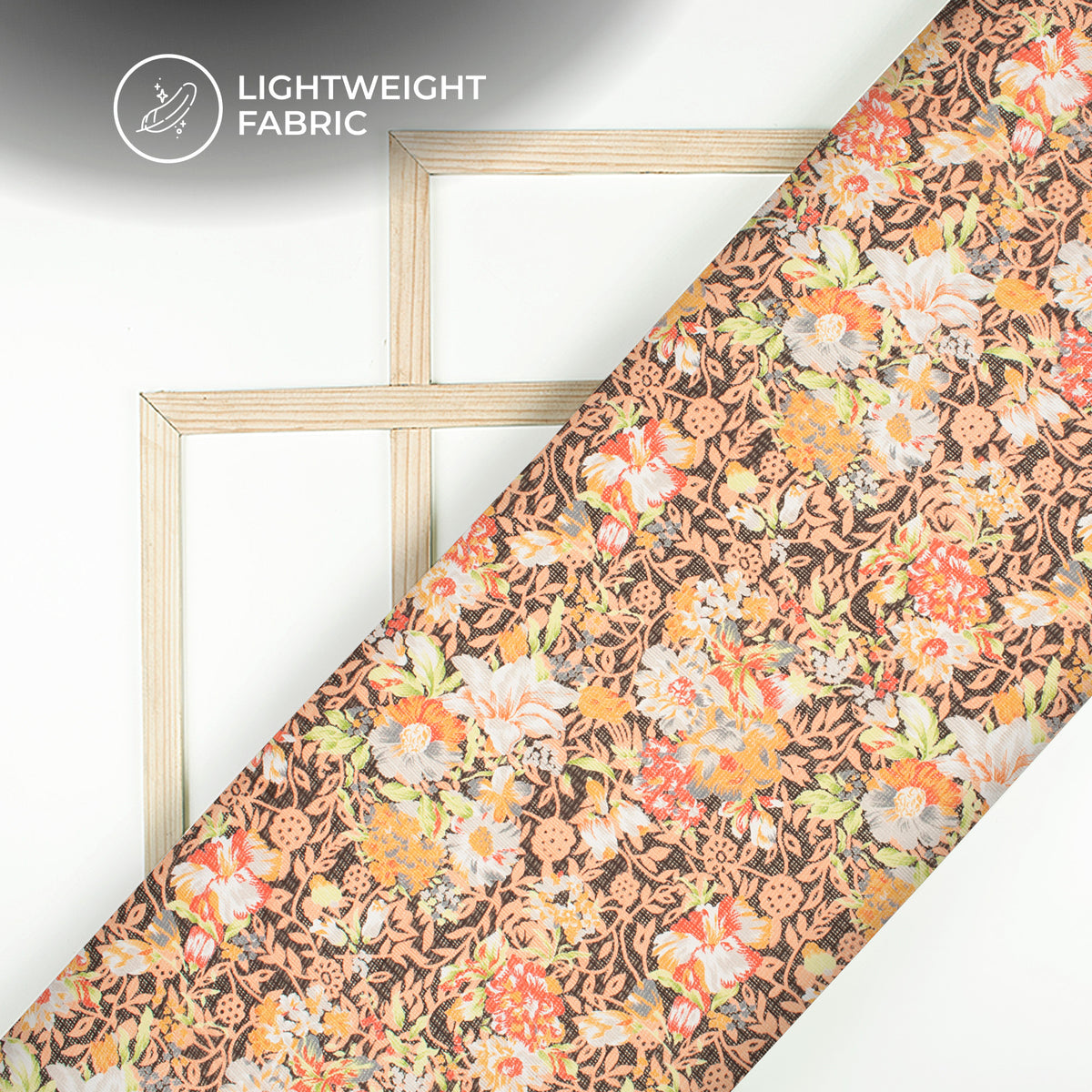 Black And Peach Floral Digital Print Kota Doria Fabric