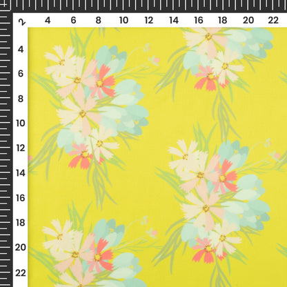 Lemon Yellow Floral Digital Print Organza Satin Fabric