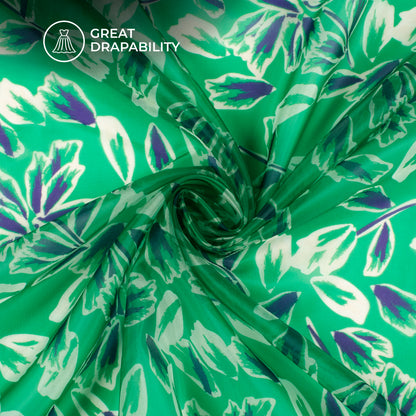 Emerald Green Floral Digital Print Organza Satin Fabric