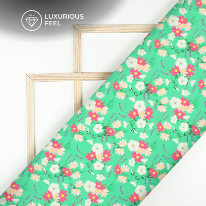 Green Seamless Floral Digital Print Georgette Satin Fabric