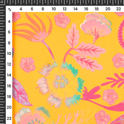 Yellow Vintage Floral Digital Print Georgette Satin Fabric