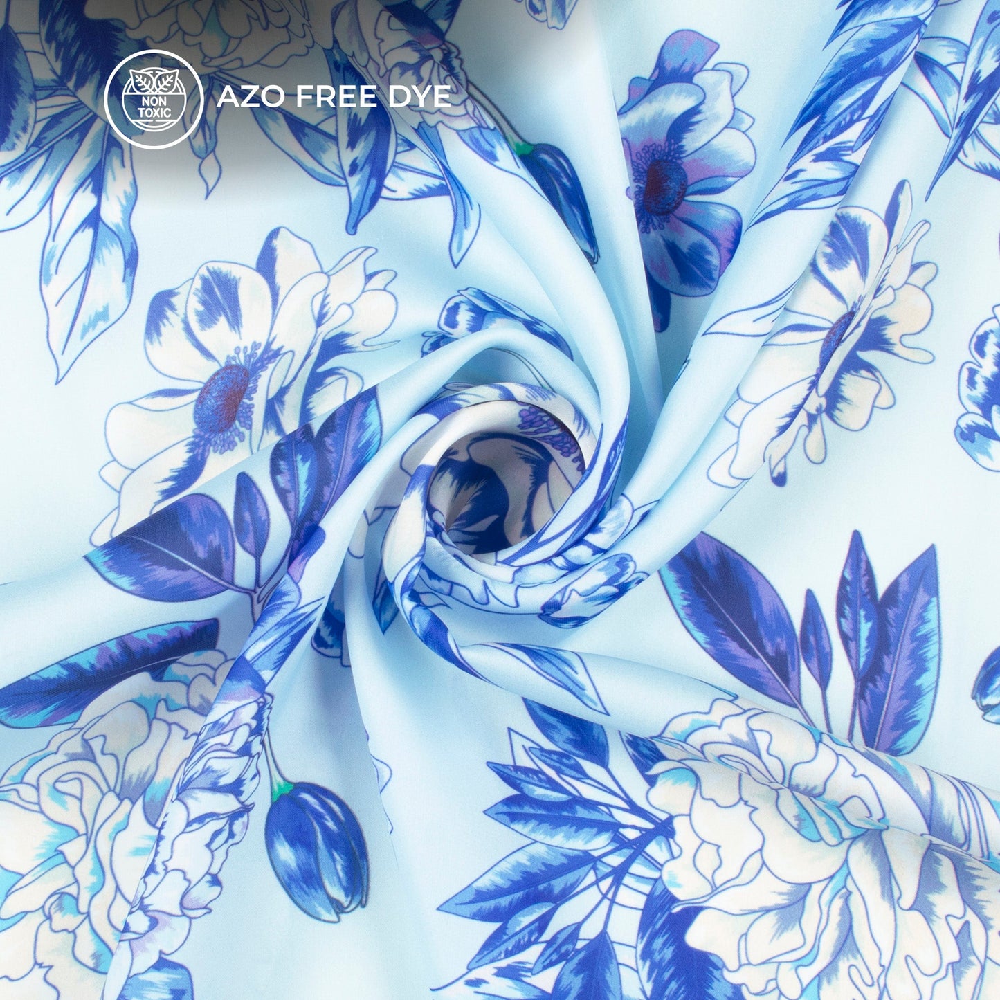 Blue Peony Floral Digital Print Imported Satin Fabric