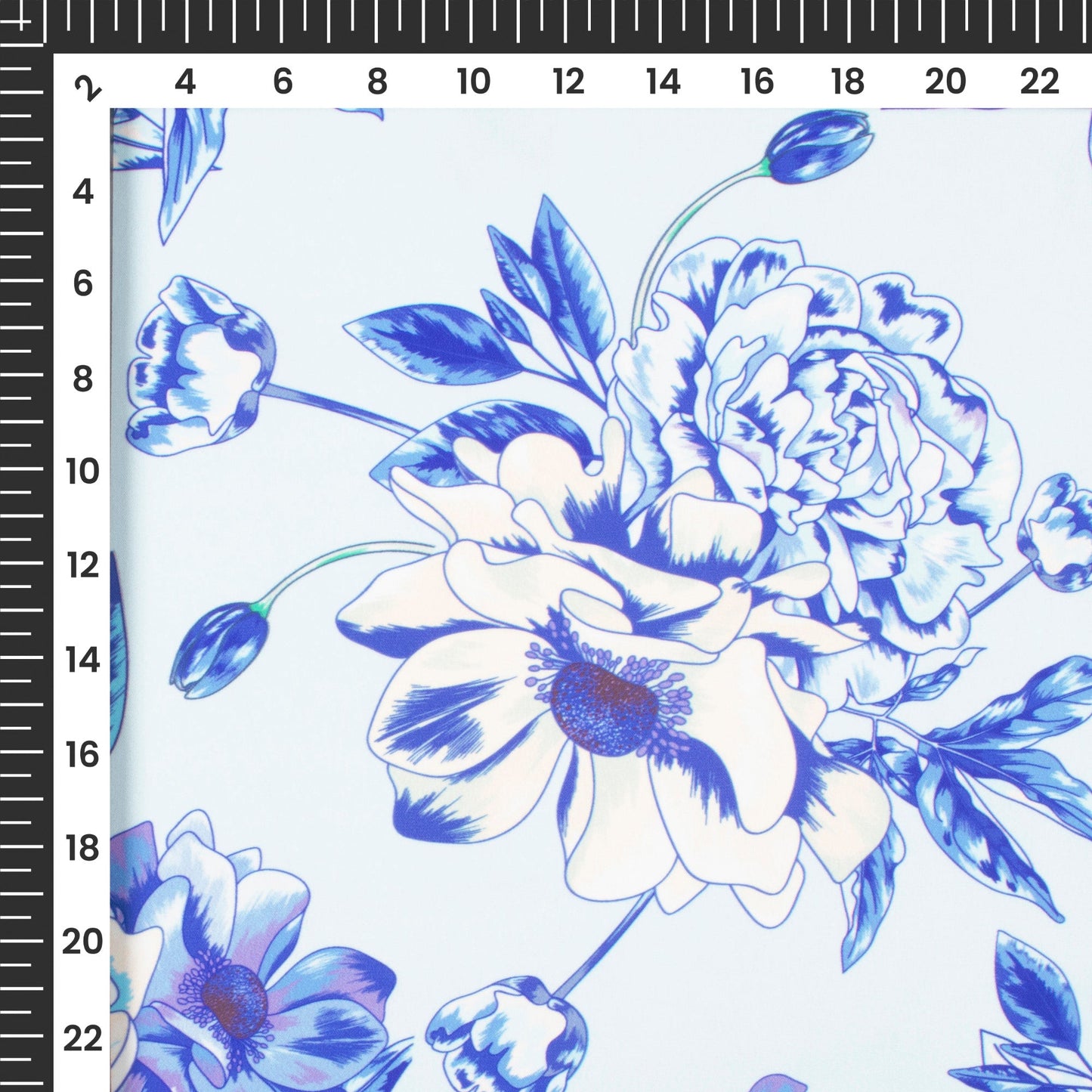 Blue Peony Floral Digital Print Imported Satin Fabric