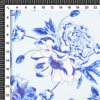 Blue Peony Floral Digital Print Imported Satin Fabric