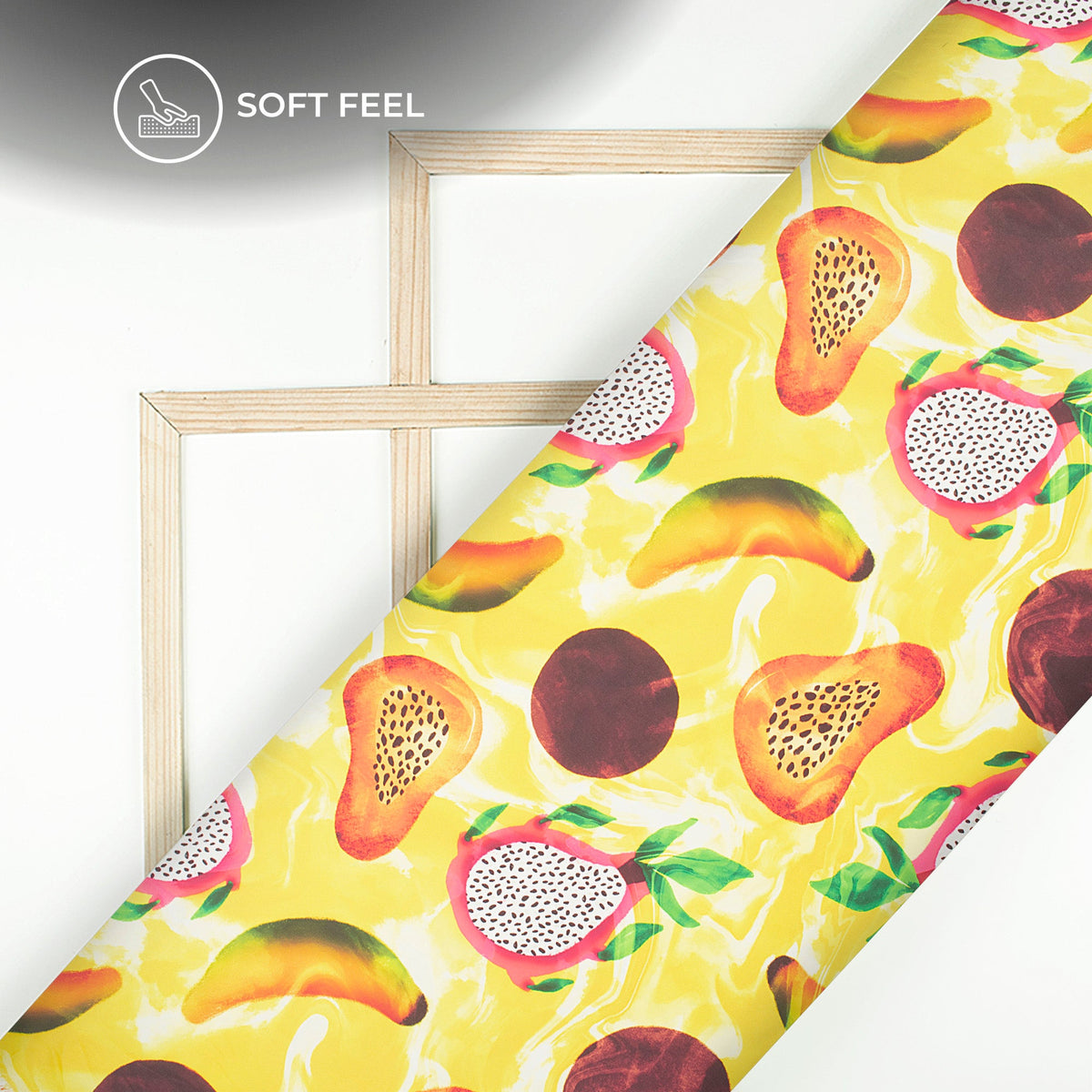 Trendy Yellow Tropical Fruits Digital Print Imported Satin Fabric