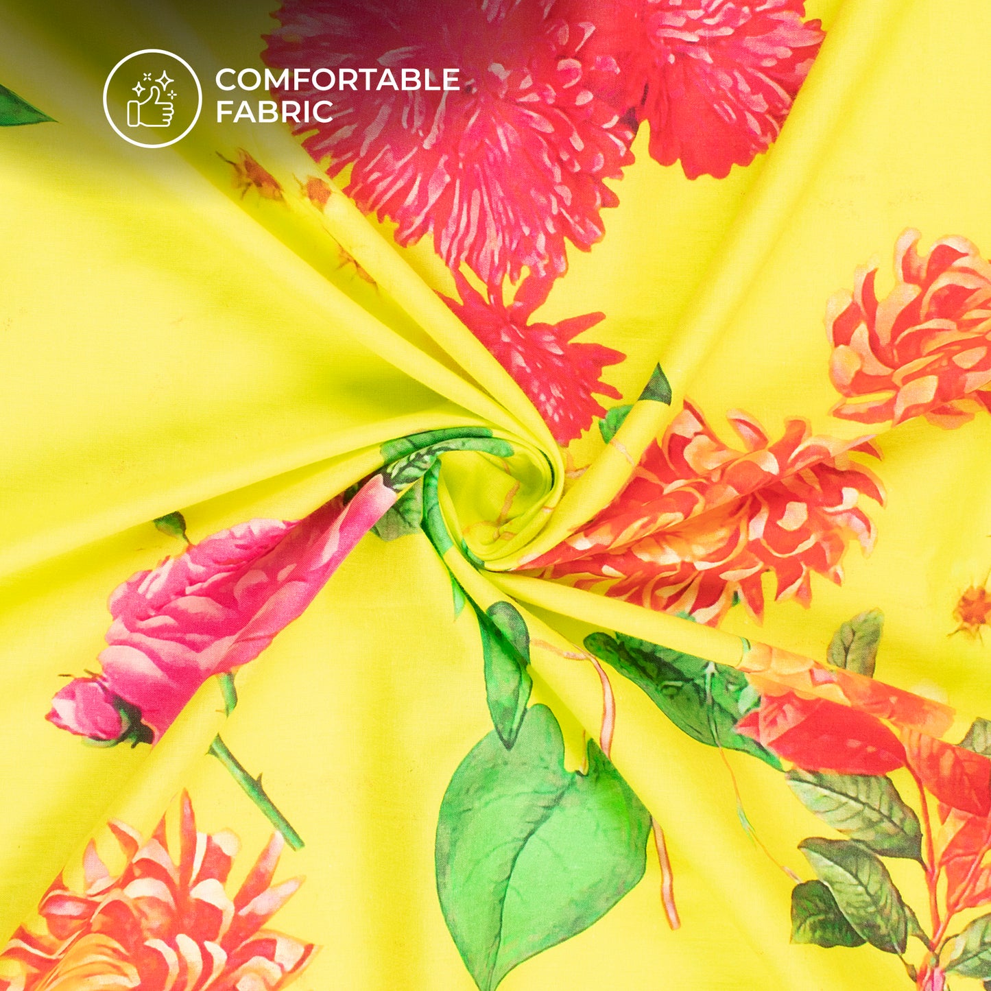 Yellow Rose And Leaf Digital Print Cotton Cambric Fabric