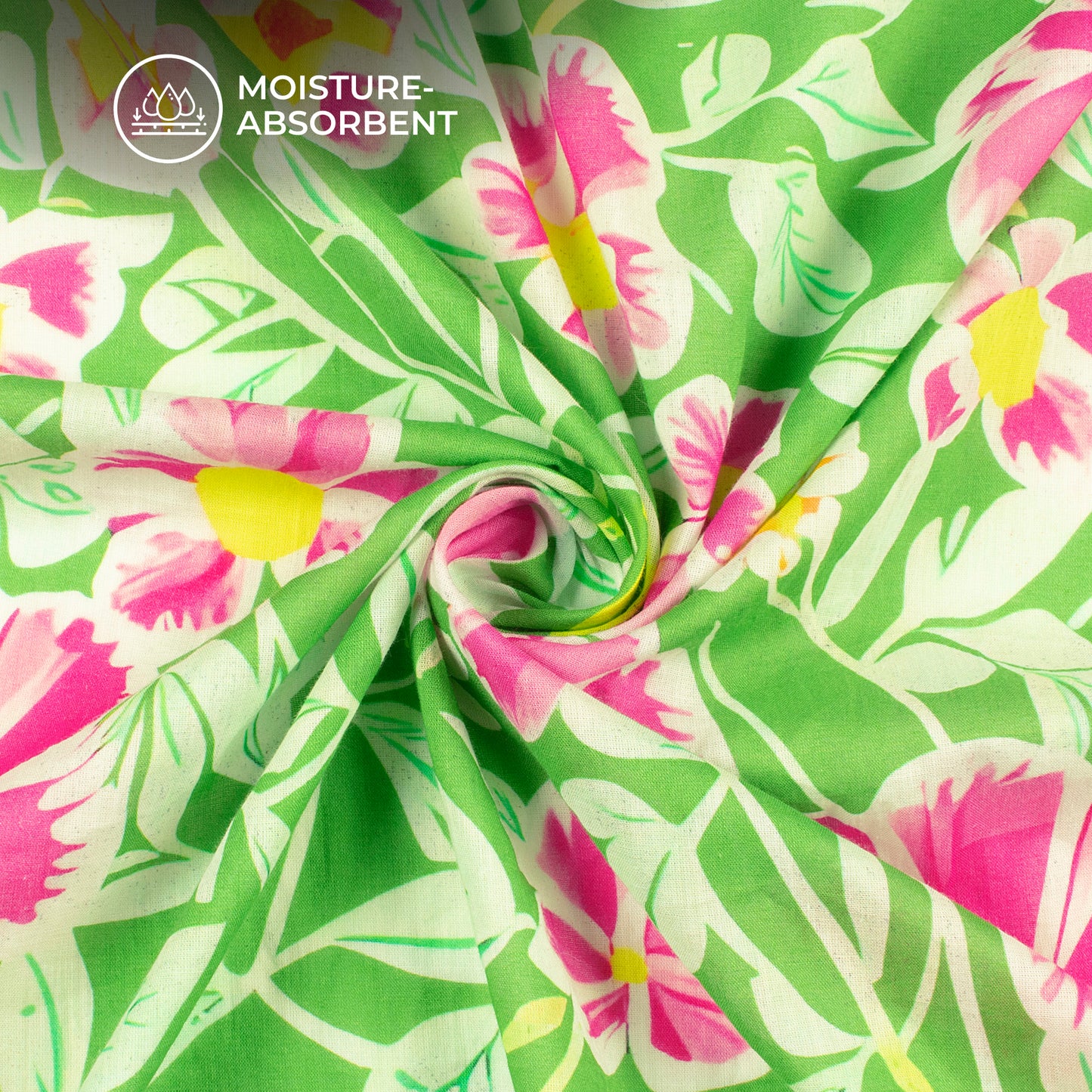 Green Modern Botanical Leaves Digital Print Pure Cotton Mulmul Fabric