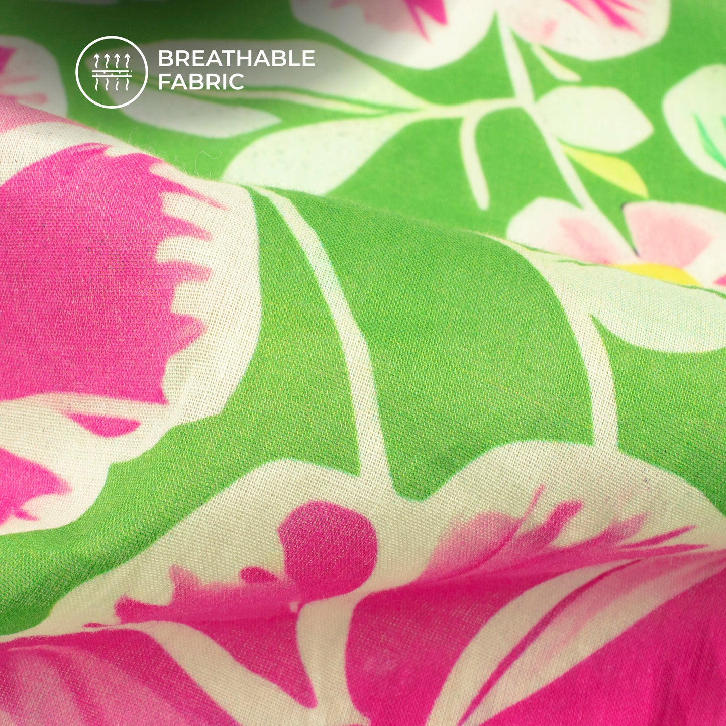 Green Modern Botanical Leaves Digital Print Pure Cotton Mulmul Fabric