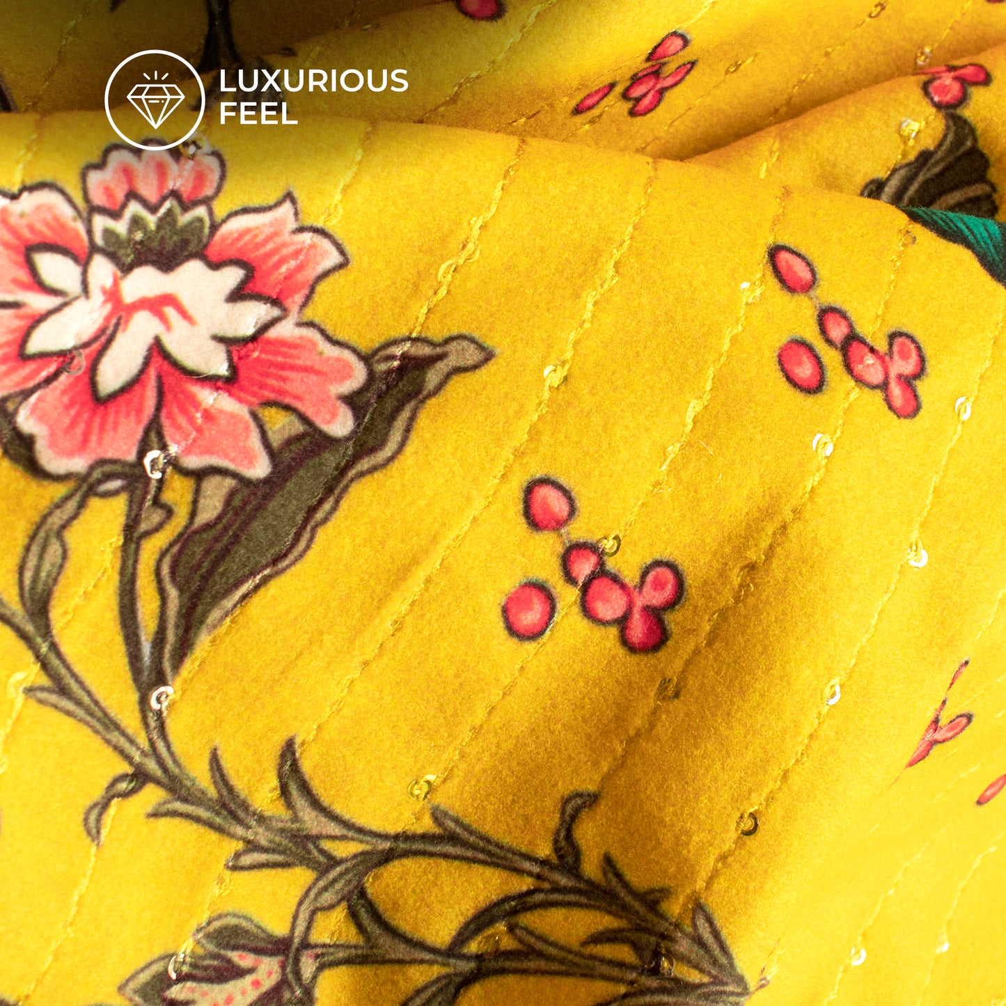 Yellow Flower And Leaf Digital Print Superior Sequins Velvet Fabric (Width 58 Inches)