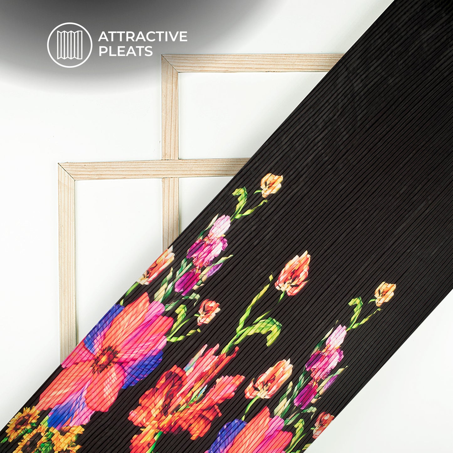 Attractive Black Floral Pleated Digital Print Crepe Satin Fabric