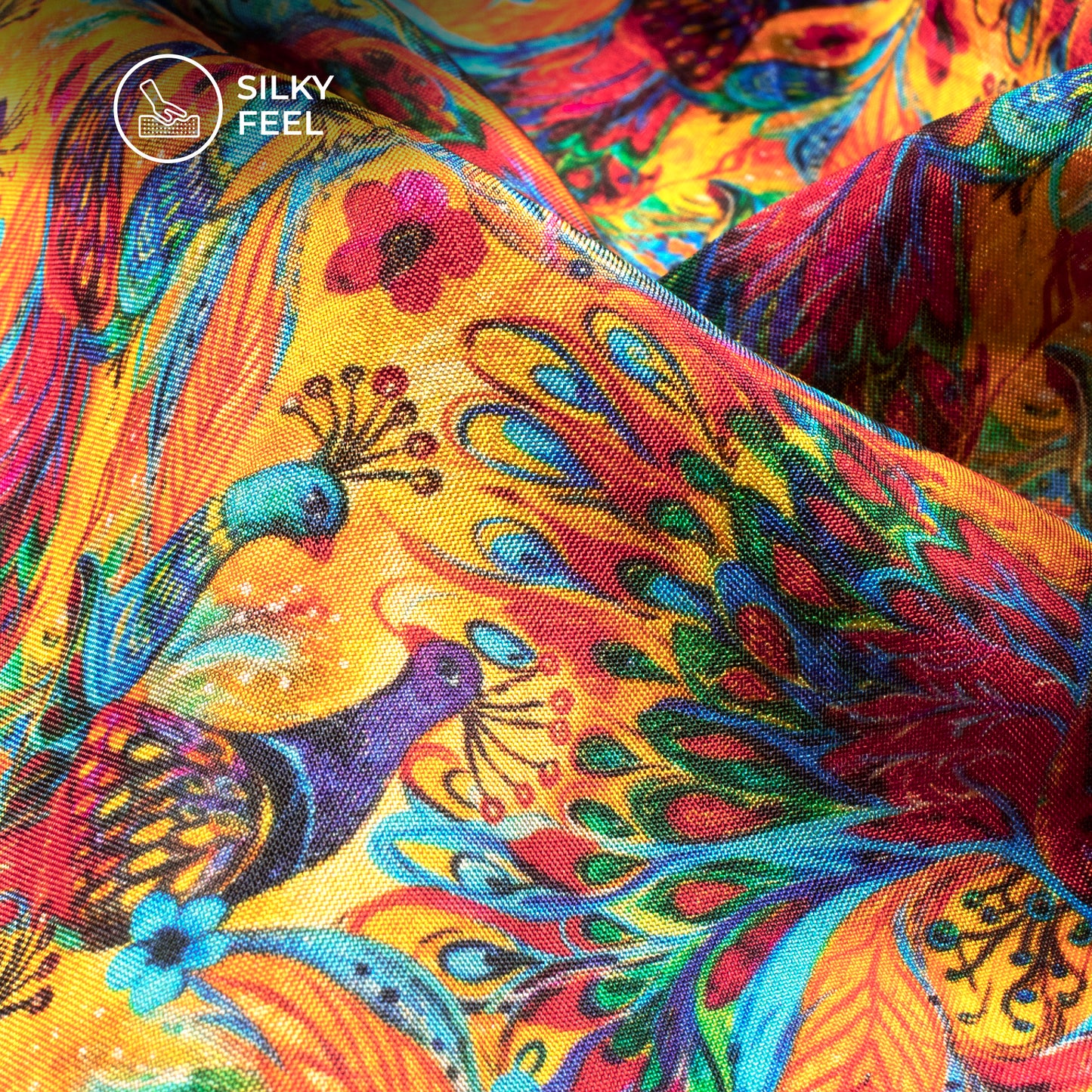 Attractive Peacock Digital Print Viscose Uppada Silk Fabric