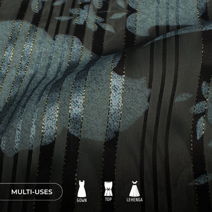Seamless Vintage Floral Digital Print Silver Lurex Georgette Fabric