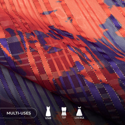 Red And Blue Floral Digital Print Silver Lurex Georgette Fabric