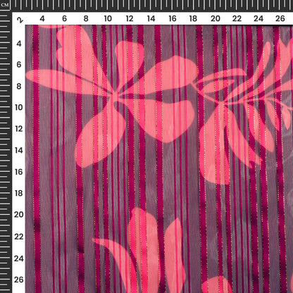 Purple And Pink Floral Digital Print Silver Lurex Georgette Fabric