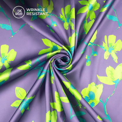 Lime Green And Purple Orchind Floral Digital Print Japan Satin Fabric