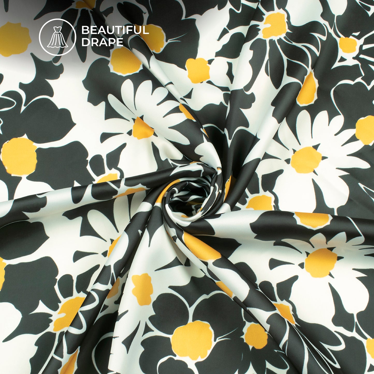 Seamless Black Floral Digital Print Luxurious Imported Satin Fabric