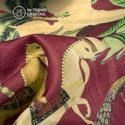 Mughal Animal Art Digital Print Art Tusser Silk Fabric