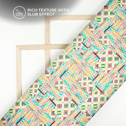 Multi Color Ikkat Pattern Digital Print Viscose Slub Silk Fabric (Width 58 Inches)