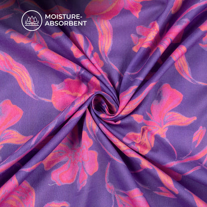 Violet Purple Floral Digital Print Pure Cotton Mulmul Fabric