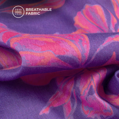 Violet Purple Floral Digital Print Pure Cotton Mulmul Fabric