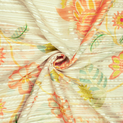 Trendy Floral And Leaf Digital Print Silver Lurex Georgette Fabric
