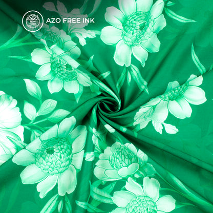 Green And White Floral Digital Print Muslin Fabric