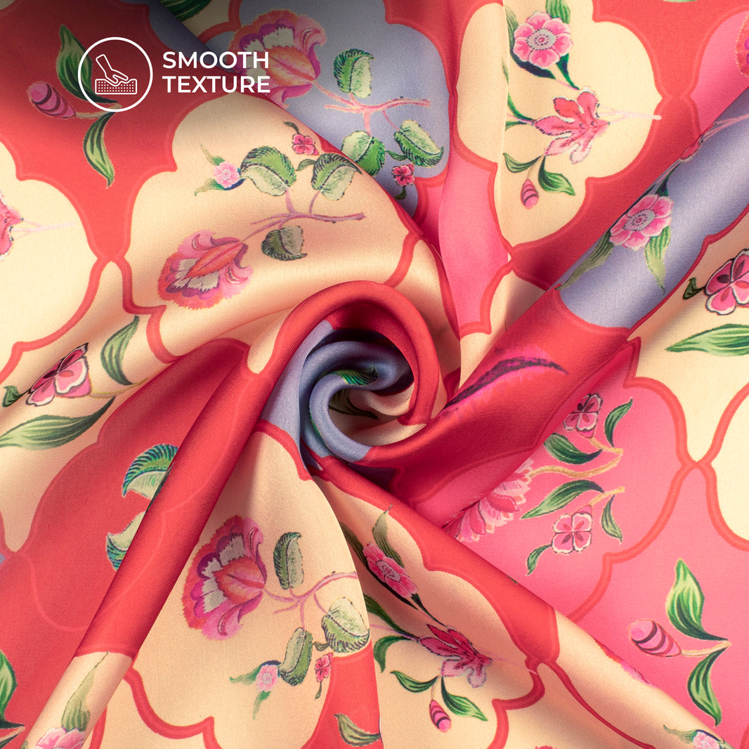 Red Floral Branch Work Digitally Printed on Charmie Satin