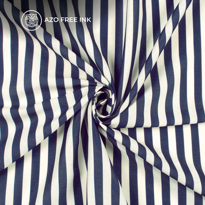 Trendy Navy Blue And Beige Stripes Digital Print Muslin Fabric