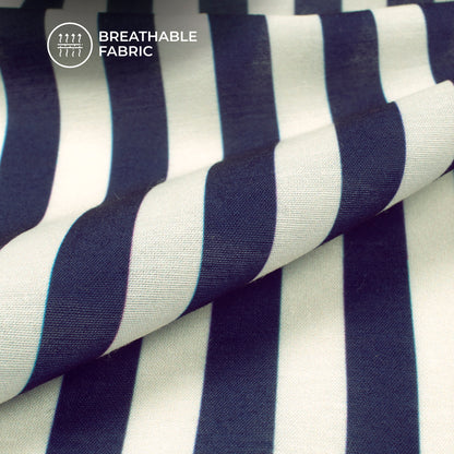 Trendy Navy Blue And Beige Stripes Digital Print Muslin Fabric
