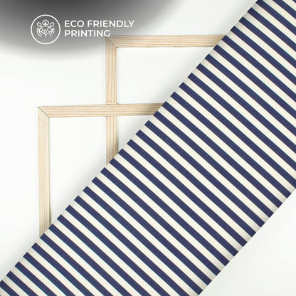 Trendy Navy Blue And Beige Stripes Digital Print Muslin Fabric