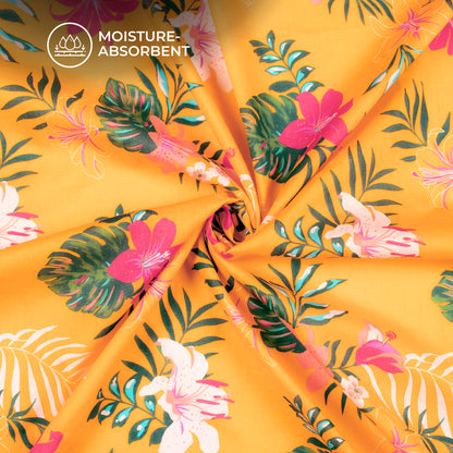 Royal Yellow Hibiscus Floral Digital Print Pure Cotton Mulmul Fabric