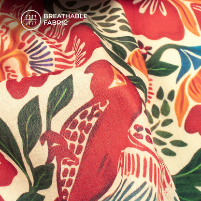 Seamless Birtd And Floral Digital Print Pure Cotton Mulmul Fabric