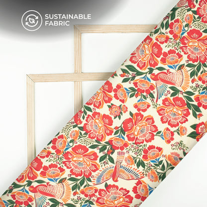 Seamless Birtd And Floral Digital Print Pure Cotton Mulmul Fabric