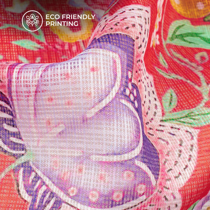 Crimson Red Floral Digital Print Kota Doria Fabric