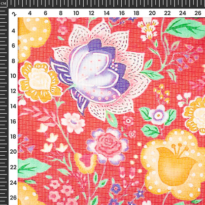 Crimson Red Floral Digital Print Kota Doria Fabric
