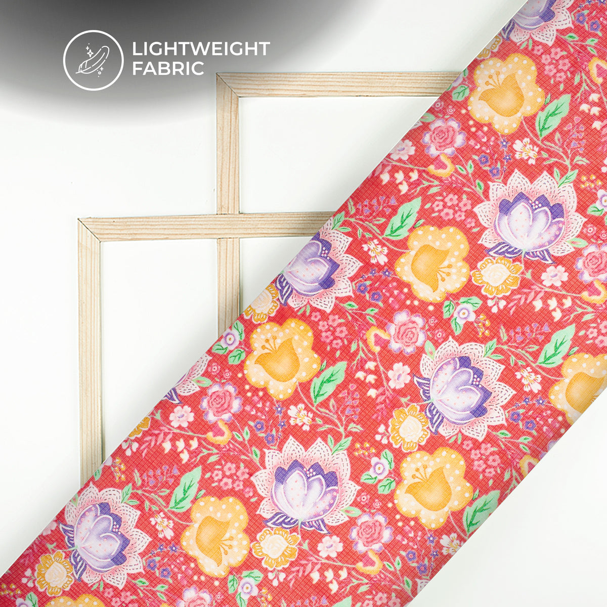Crimson Red Floral Digital Print Kota Doria Fabric