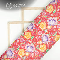 Crimson Red Floral Digital Print Kota Doria Fabric