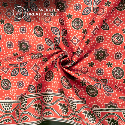 Candy Red Ajarakh Inspierd Digital Print Poly Glazed Cotton Fabric