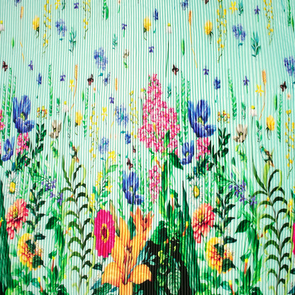 Mint Green Floral Digital Print Japan Satin Pleated Fabric