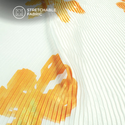 Gold White Floral Digital Print Japan Satin Pleated Fabric