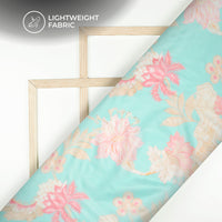 Baby Blue Floral Digital Print Organza Satin Fabric