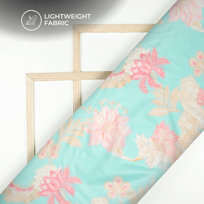 Baby Blue Floral Digital Print Organza Satin Fabric