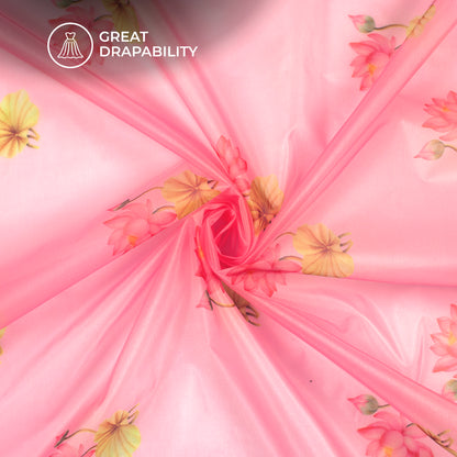 Flamingo Pink Floral Digital Print Organza Satin Fabric